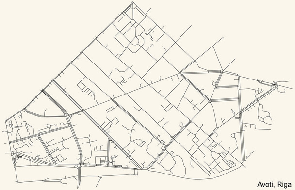 Чорна проста детальна дорожня карта на вінтажному бежевому тлі кварталу Авоті району Рига, Латвія. - Вектор, зображення