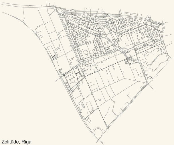 Schwarze, einfache, detaillierte Straßenkarte auf beigem Hintergrund des Stadtviertels Zolitde in Riga, Lettland - Vektor, Bild