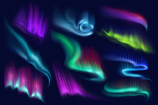 Noordelijke poolpoolpoolborealis licht, vector Arctische natuurverschijnselen geïsoleerd op donkere achtergrond. Verbazingwekkende iriserende gloeiende golvende verlichting aan de nachtelijke hemel. Realistische 3d stralende aurora borealis set - Vector, afbeelding