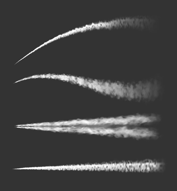 Flugzeug-Chemtrails oder Flugzeug-Dampfdüsen und Rauchspuren vektorisieren realistische weiße Wolken. Flugzeug-Kondensstreifen oder Raumschiff-Raketen starten Rauchspuren und Smogspuren, rauchige Strömungen und Nebelschwaden - Vektor, Bild