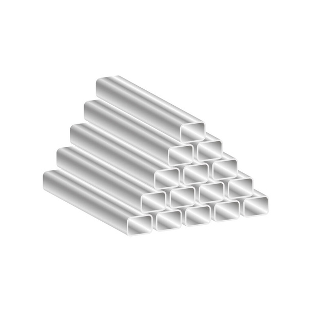 Realistyczne metalowe rury składane są w piramidę izolowaną na białym tle.Ilustracja wektora 3d i realistyczny widok izometryczny. - Wektor, obraz