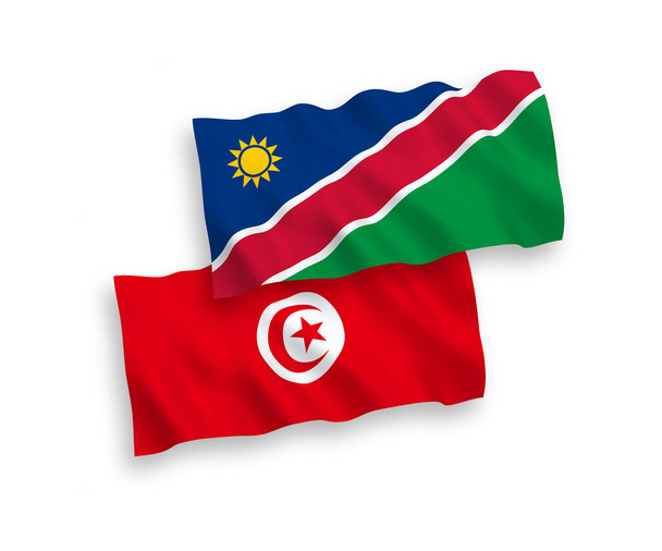 Bandeiras de onda de tecido vetorial nacional da República da Tunísia e República da Namíbia isoladas em fundo branco. Proporção de 1 a 2. - Vetor, Imagem