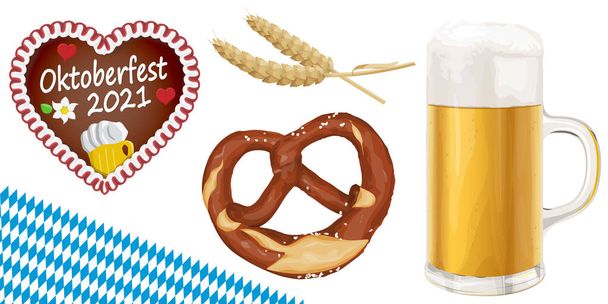 kokoelma tyypillisiä kuvitettuja Oktoberfest-esineitä, olutta, rinkeliä, vehnää ja piparkakkusydäntä oluen puutarhaan 2021 - Vektori, kuva