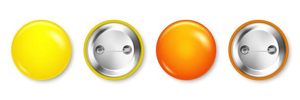 Realistinen keltainen ja oranssi tyhjä merkit eristetty valkoisella pohjalla. Kiiltävä 3D pyöreä painike. Pin merkki, rintaneula mallinnus tuotteiden myynninedistämiseen ja mainontaan. Vektoriesimerkki. - Vektori, kuva