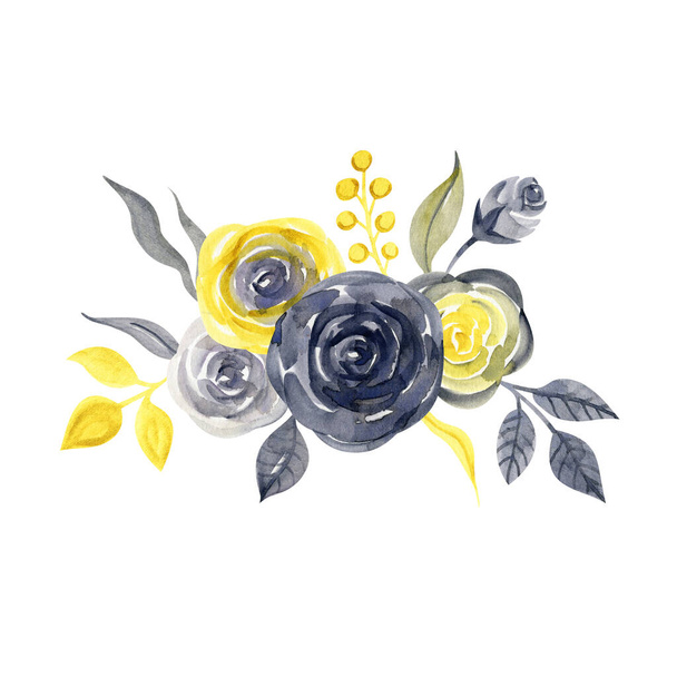 Yellow and gray roses. Watercolor hand painted illustration isolated on white background - Фото, изображение
