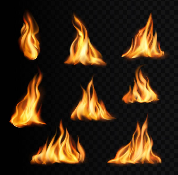 Καίγοντας φλόγες και μονοπάτια φωτιάς, γλώσσες φορέων φωτιάς κατασκήνωσης. Πυρσός φλόγες, φωτιά λάμψη πορτοκαλί και κίτρινο λάμψη φλόγα ρεαλιστική 3d αποτέλεσμα, κόλαση γλώσσες ανάφλεξης που απομονώνονται σε μαύρο φόντο - Διάνυσμα, εικόνα