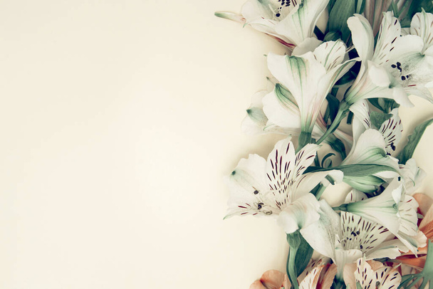 Hermosa composición con flores de alstroemeria lon fondo pastel. Concepto de naturaleza. Vista superior. Acostado. Copiar espacio - Foto, Imagen