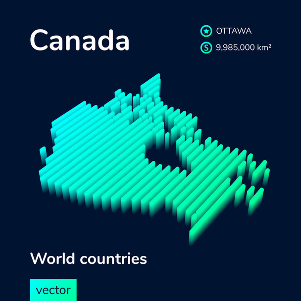 Stilizált csíkos vektor izometrikus térkép Kanadáról. Kanada térképe neon zöld és menta színek a sötétkék háttér - Vektor, kép