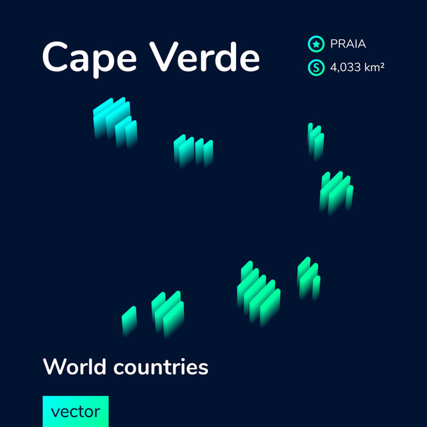 Stylized isometric neon striped vector Cape Verde map with 3d effect. Map of Cape Verde is in green and mint colors on the dark blue background - Vector, Image
