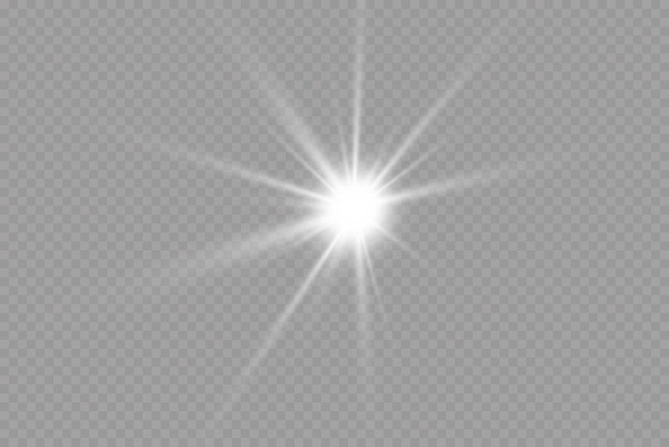 白く輝く光は、透明な背景で爆発します。レイと。透明な輝く太陽、明るいフラッシュ。明るい閃光の中心. - ベクター画像