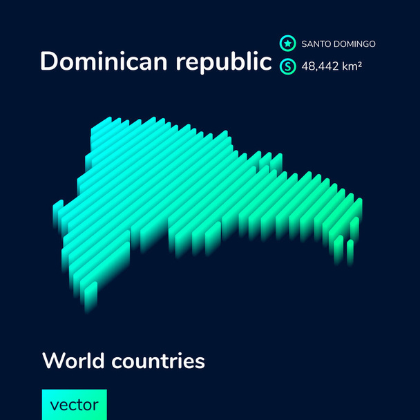 Vector digital neon isometric striped contour Dominikana mapa z informacjami o kraju. Plakat geograficzny, sztandar Dominikany - Wektor, obraz