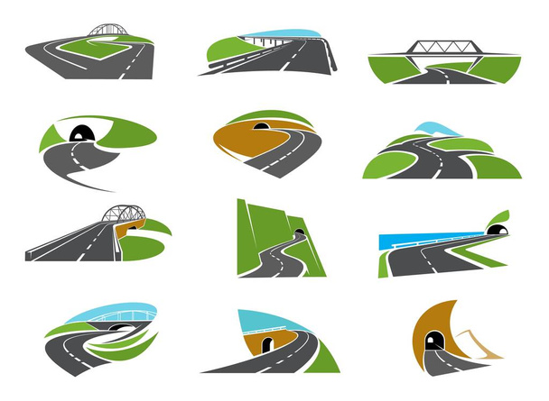 Snelweg, iconen met brug, kruispunt en tunnel. Asfalt snelweg, vector kronkelen in de berg snelweg met weg kruising en bochten. Vervoer industrie, reizen of ras symbolen - Vector, afbeelding