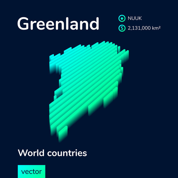 Grönland stilizált csíkos vektoros izometrikus 3D térképe. Grönland térképe neon zöld és menta színek a sötétkék háttér - Vektor, kép