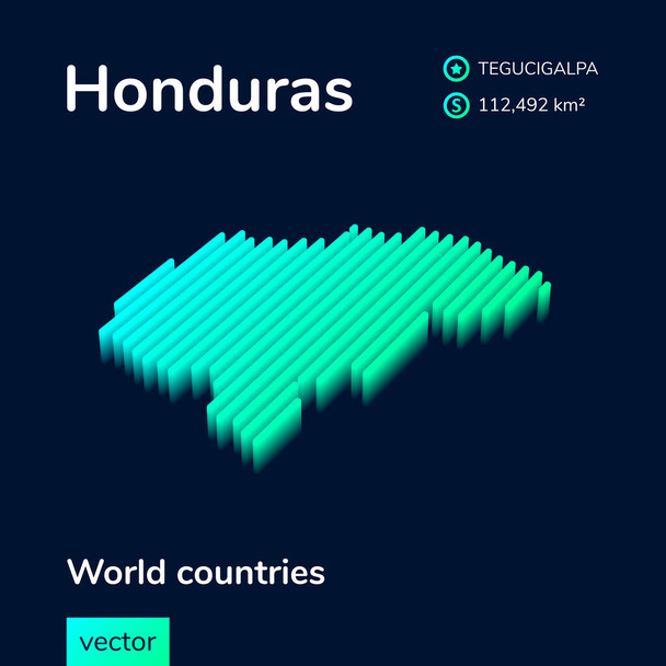 Çizgili izometrik neon vektör Honduras haritası 3d efektli trend renklerinde. Coğrafya bilgi kartı, poster, afiş, şablon. - Vektör, Görsel