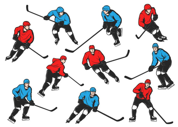 Jugadores de hockey sobre hielo con palos, discos, patines. Jugadores aislados del equipo de hockey sobre hielo vectorial en pista, delanteros y defensores en uniforme rojo y azul, cascos, jersey y guantes, pantalones cortos y almohadillas para las piernas - Vector, imagen
