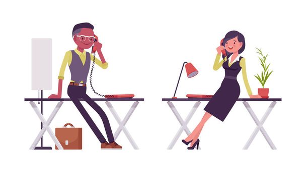 Czarny biznesmen przy biurku rozmawia przez telefon, bizneswoman w roboczym ubraniu - Wektor, obraz