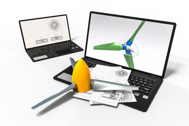 Imagem de renderização 3D de dois laptops com hélice de turbina representando projeto assistido por computador em turbina elétrica - Foto, Imagem