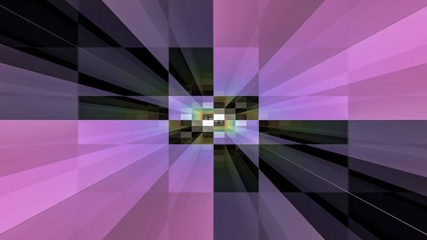 3D-Wiedergabe einer kurzen Aufnahme eines reflektierenden Raums aus Linien, die sich in der Mitte treffen und farbige Quadrate bilden, wodurch ein abstrakter, futuristischer lila, schwarzer und grüner Hintergrund entsteht - Foto, Bild