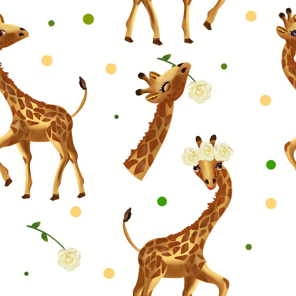 Lindo patrón sin costura jirafa tropical. Patrón con animales salvajes, Cabeza Jirafa, flor. Ilustración vectorial 3d. - Vector, Imagen