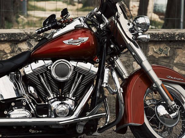 SKRADIN, CROATIA - May 29, 2021: Red Harley Davidson bike - engine closeup - Photo, image