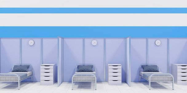 Áttekintése ágyak készen állnak egy karanténlétesítményben COVID-19 betegek - 3D render - Fotó, kép