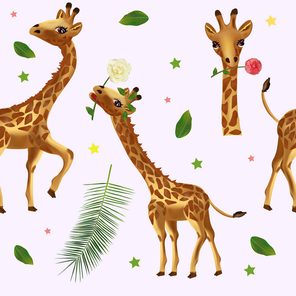 Бесшовный рисунок с жирафом, тропический лист на фиолетовом фоне. Патент с диким животным для вашего дизайна. 3D-векторная иллюстрация. - Вектор,изображение