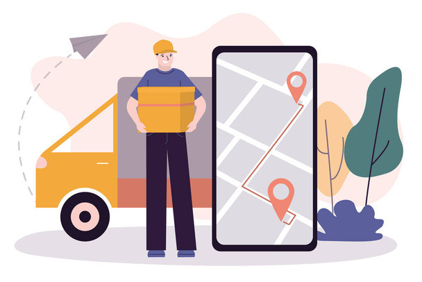Courier delivered parcels. Worker shipped package from online marketplace. Gps application on mobile phone screen. Fast delivery service and transport company - Vector, Imagen