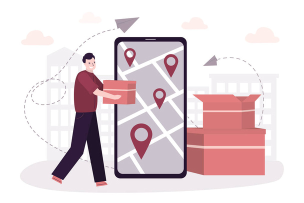 Male employee delivering orders. Man holding parcel. App for delivering purchase on phone screen. Online shopping and fast delivery. Map and destination point - Wektor, obraz