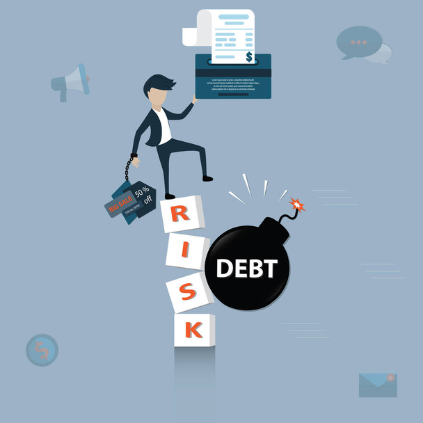 Плоская финансовая концепция, молодой человек с кредитной картой стоит на слове риск неуклонно и имел слово долговая атака - векторная иллюстрация - Вектор,изображение