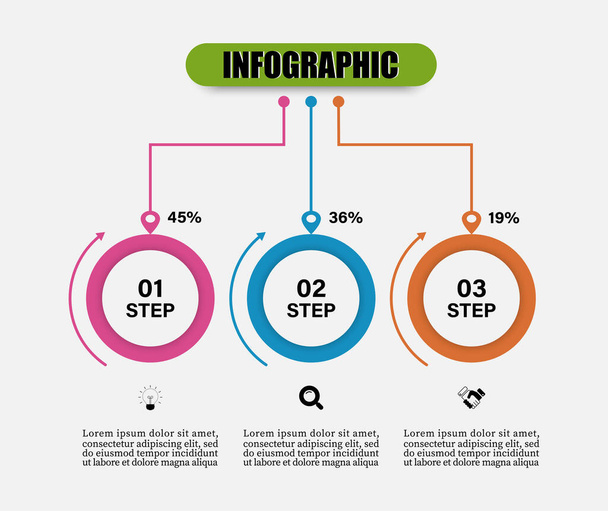 Επιχειρηματικό πρότυπο infographics με 3 βήματα, επιλογές, εικονίδια μάρκετινγκ. σχεδιασμός χρονοδιαγράμματος infographic πρότυπο σχεδιασμού με τρία στοιχεία κύκλου. Μπορεί να χρησιμοποιήσει για την παρουσίαση, διάγραμμα, banner, web design. - Διάνυσμα, εικόνα