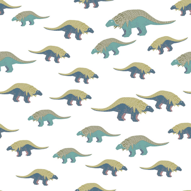 青とグレーの色のアンキロサウルスのプリントと隔離されたランダムな古代のシームレスなパターン。白地だ。ストックイラスト。テキスタイル、ファブリック、ギフトラップ、壁紙のためのベクトルデザイン. - ベクター画像