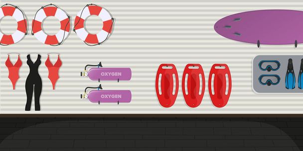 Beach lifeguard room. Swimming board, lifebuoy, fins and mask, oxygen tank. Cartoon style. Vector illustration. - Vector, Image