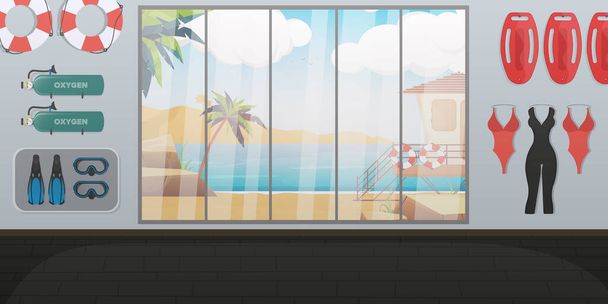 Beach lifeguard room. Swimming board, lifebuoy, fins and mask, oxygen tank. Cartoon style. Vector illustration. - Vector, Image