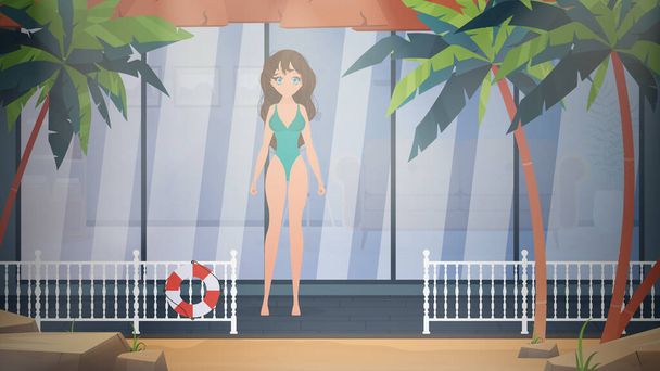 Una chica en traje de baño posa en la terraza de la villa. Mujer de anime en traje de playa en la playa. Estilo de dibujos animados, ilustración vectorial. - Vector, Imagen