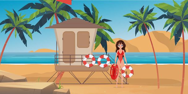 Bademeister Frau am Strand mit Palmen. Mädchen im roten Badeanzug mit Blick auf den Ozean. Cartoon-Stil. Vektorillustration. - Vektor, Bild