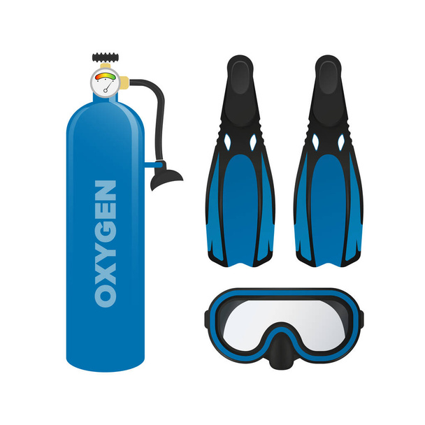 Mask, fins and oxygen tank. Swimming set. Swimming air cylinders. Vector. - Vector, Image