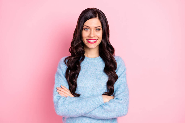 Photo of self-assured young girl crossed hands toothy smile wear blue pullover isolated pink color background - Φωτογραφία, εικόνα