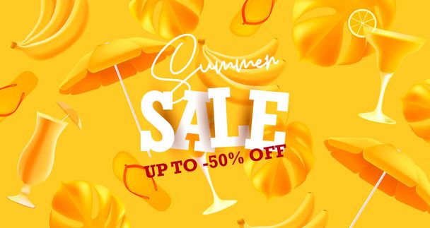 Summer sale web banner or poster with mono color yellow 3d illustrations of tropic fun with stylized promo message - Vector, imagen