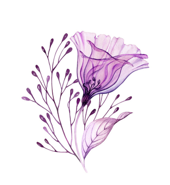 Aquarell Blumenstrauß in Lila. Handbemaltes Kunstwerk mit transparenten violetten Blüten und Beeren isoliert auf weiß. Abstrakte botanische Illustration - Foto, Bild