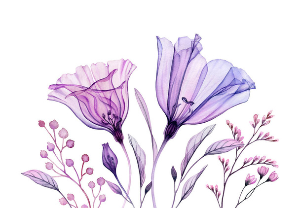 Florales Kunstwerk in Lila. Aquarell-Banner. Handbemaltes Bouquet mit transparenten violetten Blüten und Blättern isoliert auf weiß. Abstrakte botanische Illustration - Foto, Bild