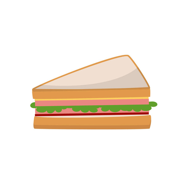 Rajzfilm szendvics sonkával, sajttal, szósszal és salátával. Lapos vektor illusztráció elszigetelt fehér háttér - Vektor, kép