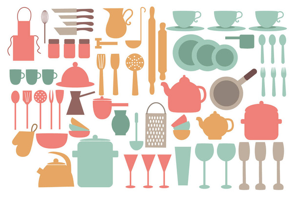 Una serie di piatti e utensili da cucina per cucinare. Elementi per utensili da cucina isolati su sfondo bianco.  - Vettoriali, immagini
