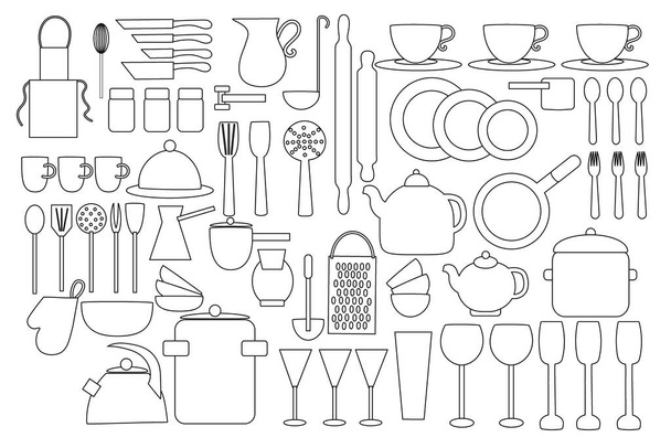Doodle set of utensils and kitchen utensils for cooking in strokes. Flat vector illustration isolated on white background. Coloring the elements of kitchen utensils. - Vector, Image