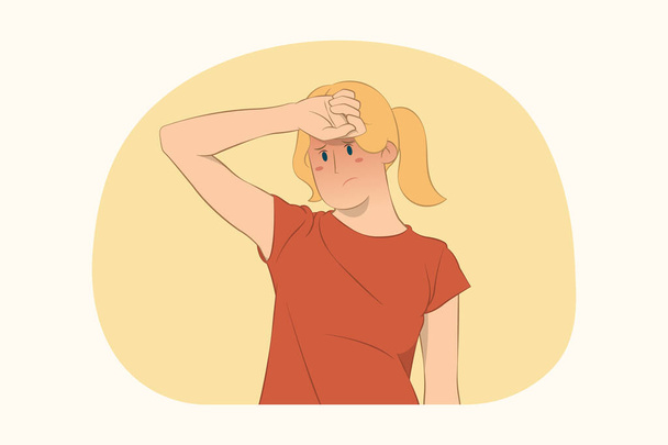 Mladá nemocná vyčerpaná žena s koncepcí bolesti hlavy - Vektor, obrázek