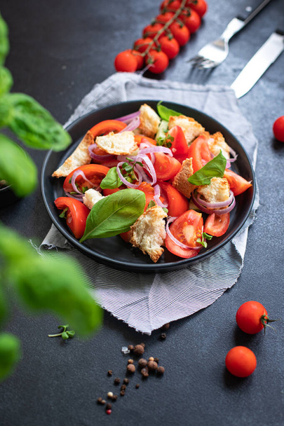 rajčatový zeleninový salát panzanella vegetariánské krutony, olivový olej, rusk zdravé jídlo jídlo snack kopie prostor jídlo pozadí vegetariánské potraviny - Fotografie, Obrázek