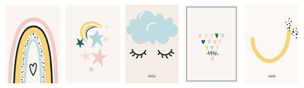 Minimale skandinavische Boho-Poster mit Vektorhintergrund mit Regenbogen, Herzen, Nachtmond und Sternen, Wolke und Wimpern, Lächeln. Liebe Kinderzimmer Illustrationen in einfachen naiven Stil für Baby-Prints - Vektor, Bild