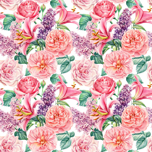 Seamless pattern. Hand-drawn lilac, lily and rose flowers. Watercolor illustration, digital paper - Photo, image