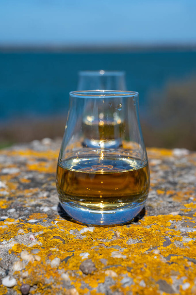 Verkostung von Single Malt und Blended Scotch Whisky mit Blick auf das Meer, das Meer oder den Fluss, private Whisky-Touren in Schottland, Großbritannien - Foto, Bild