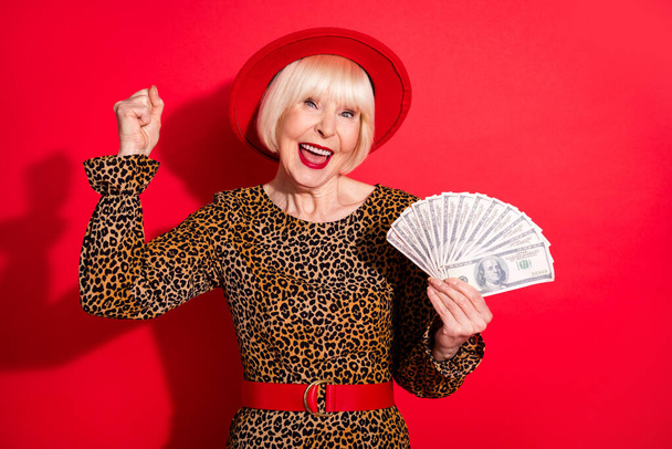 Foto de mulher idosa feliz sorriso positivo segurar dinheiro milionário alegrar punhos vitória mão isolada sobre fundo de cor vermelha - Foto, Imagem