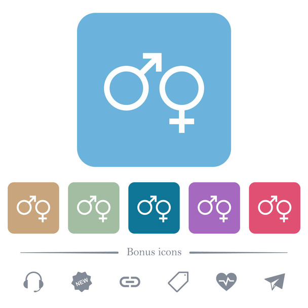 Símbolos masculinos e felinos de gênero ícones planos brancos em fundos quadrados arredondados a cores. 6 ícones de bônus incluídos - Vetor, Imagem